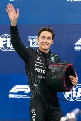 British Formula One driver George Russell of Mercedes-AMG Petronas waves after qualifying on pole for the Formula One Las Vegas Grand Prix at the Las Vegas Strip Circuit in Las Vegas on Friday, November 22, 2024.  LAV2024112280 GREGxNASH