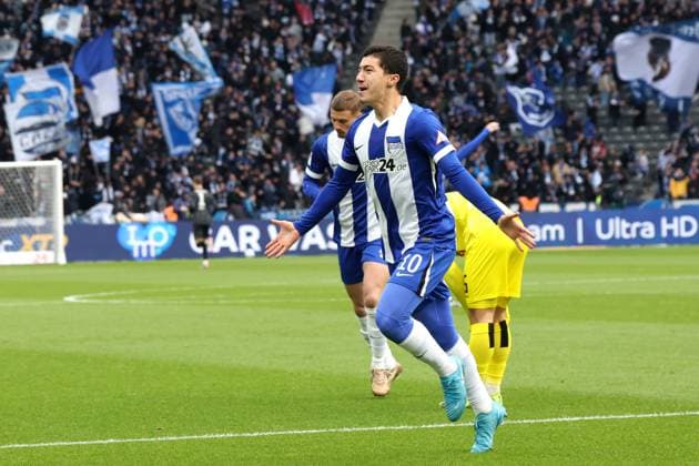 DEU, DFL, 2. FBL, Hertha BSC vs. SSV Ulm, 23.11.2024, Berliner Olympiastadion, Berlin, DEU, DFL, 2. FBL, Hertha BSC vs. SSV Ulm, im Bild 1:0 durch Ibrahim Maza (Hertha BSC Berlin 10) DFL - regulations prohibit any use of Photographs as image sequences and or quasi-video Foto: Juergen Engler nordphoto GmbH