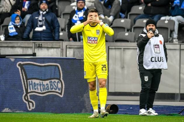 23.11.2024, xlakx, Fussball - 2.Bundesliga, Hertha BSC Berlin - SSV Ulm 1846 emspor, v.l. Jubel nach dem 1:0 durch Semir Telalovic (SSV Ulm 1846 29) (DFL DFB REGULATIONS PROHIBIT ANY USE OF PHOTOGRAPHS as IMAGE SEQUENCES and or QUASI-VIDEO) Daniel Lakomski Jan Huebner Berlin