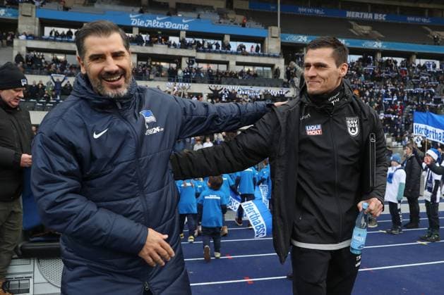 23.11.2024, xtgx, Fussball 2. Bundesliga, Hertha BSC Berlin - SSV Ulm 1846 emspor, v.l. Cristian Fiel (Hertha, Trainer), Thomas Woerle (Wörle, Ulm, Trainer) (DFL DFB REGULATIONS PROHIBIT ANY USE OF PHOTOGRAPHS as IMAGE SEQUENCES and or QUASI-VIDEO) Berlin