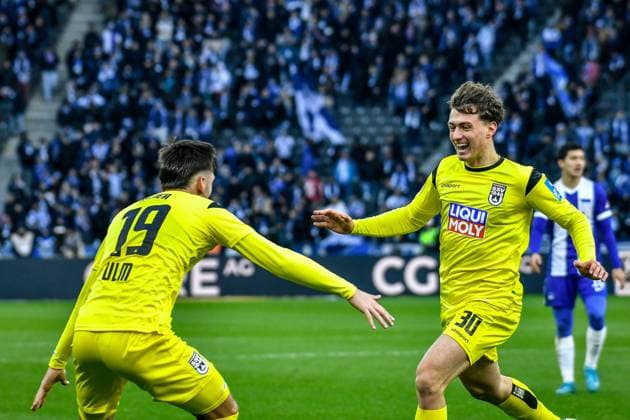 23.11.2024, xlakx, Fussball - 2.Bundesliga, Hertha BSC Berlin - SSV Ulm 1846 emspor, v.l. Jonathan Meier (SSV Ulm 1846 19),Jubel nach dem 2:2 durch Maurice Krattenmacher (SSV Ulm 1846 30) (DFL DFB REGULATIONS PROHIBIT ANY USE OF PHOTOGRAPHS as IMAGE SEQUENCES and or QUASI-VIDEO) Daniel Lakomski Jan Huebner Berlin