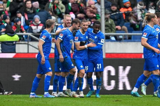 2. Bundesliga - Hannover 06 - SV Darmstadt 98 am 23.11.2024 in der HDI Arena in Hannover Jubel, Torjubel, Torschuetze, Torschütze Fabian Nürnberger Nuernberger (Darmstadt) jubelt nach seinem Tor zum 1:2.