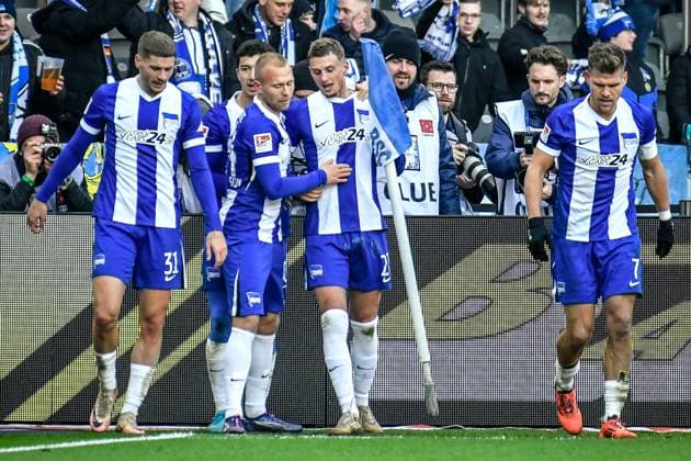 23.11.2024, xlakx, Fussball - 2.Bundesliga, Hertha BSC Berlin - SSV Ulm 1846 emspor, v.l. Marton Dardai (Hertha BSC 31),Jon Dagur Porsteinsson (Hertha BSC 24),Jubel nach dem 3:2 durch Michael Cuisance (Hertha BSC 27),Florian Niederlechner (Hertha BSC 7) (DFL DFB REGULATIONS PROHIBIT ANY USE OF PHOTOGRAPHS as IMAGE SEQUENCES and or QUASI-VIDEO) Daniel Lakomski Jan Huebner Berlin