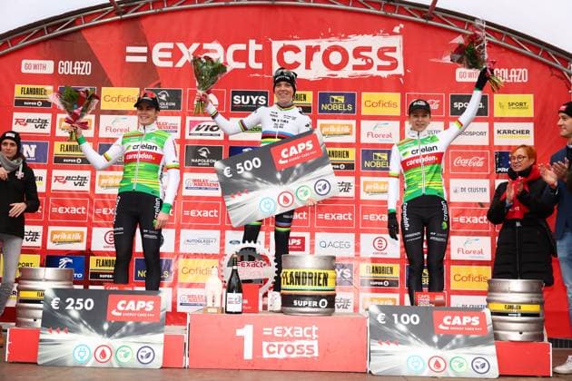 Belgian Marion Norbert Riberolle, Dutch Fem Van Empel and Dutch Inge van der Heijden pictured on the podium after the women elite race at the CAPS Urban Cross Kortrijk cyclocross cycling event on in Kortrijk, the fourth stage (out of 7) in the Exact Cross 2024-2025 competition. DAVIDxPINTENS  x106147574x