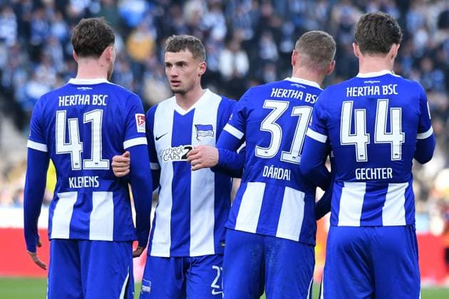 Pascal Klemens (Hertha BSC Berlin, 41), Michael Cuisance (Hertha BSC Berlin, 27), Marton Dardai (Hertha BSC Berlin, 31), Linus Gechter (Hertha BSC Berlin, 44). GER, Hertha BSC gegen SSV Ulm 1846, Fussball, 2. Bundesliga, Saison 2024 2025, 13. Spieltag, 23.11.2024 (DFL REGULATIONS PROHIBIT ANY USE OF PHOTOGRAPHS AS IMAGE SEQUENCES AND OR QUASI-VIDEO.) GER, Hertha BSC gegen SSV Ulm 1846, Fussball, 2. Bundesliga, Saison 2024 2025, 13. Spieltag, 23.11.2024 Berlin