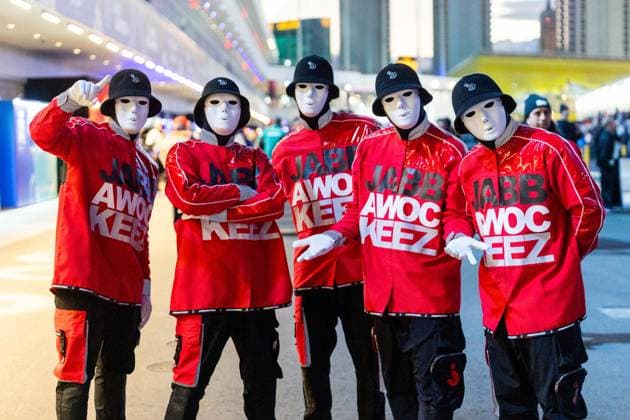 23rd November 2024; Las Vegas, Nevada, USA. F1 Las Vegas Grand Prix; Race Day; Jabbawockeez pose on the paddock  ActionPlus12719387 BobxKupbens