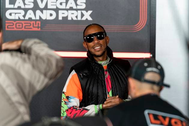 Ludacris arrives for the Formula One Las Vegas Grand Prix at the Las Vegas Strip Circuit in Las Vegas on Saturday, November 23, 2024.  LAV2024112302 GREGxNASH