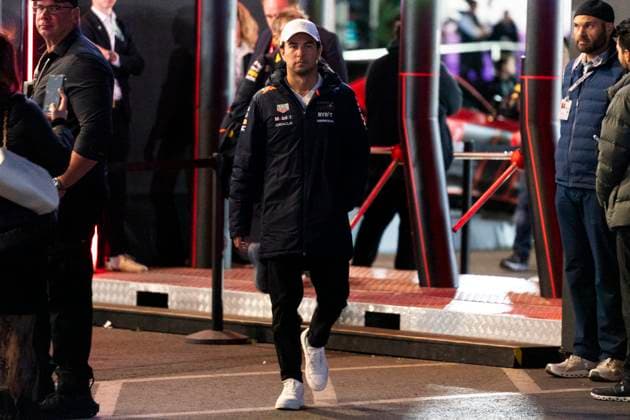 Mexican Formula One driver Sergio Pérez of Red Bull Racing arrives for the Formula One Las Vegas Grand Prix at the Las Vegas Strip Circuit in Las Vegas on Saturday, November 23, 2024.  LAV2024112305 GREGxNASH