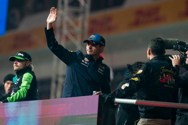 Dutch Formula One driver Max Verstappen of Red Bull Racing waves during the drivers parade for the Formula One Las Vegas Grand Prix at the Las Vegas Strip Circuit in Las Vegas on Saturday, November 23, 2024.  LAV2024112313 GREGxNASH
