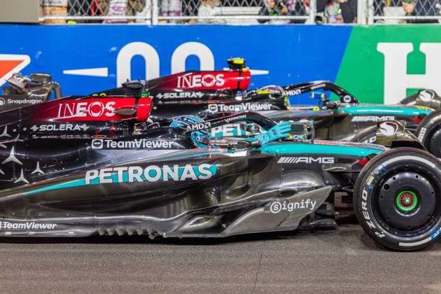 23rd November 2024; Las Vegas, Nevada, USA. F1 Las Vegas Grand Prix; Race Day; George Russell (63) of United Kingdom and team Mercedes-AMG Petronas F1 Team and Lewis Hamilton (44) of United Kingdom and team Mercedes-AMG Petronas F1 Team come in first and second at the end of the race  ActionPlus12719552 BobxKupbens