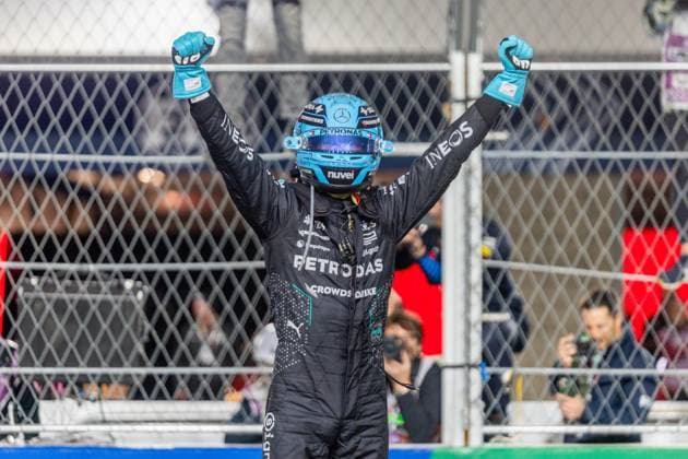 23rd November 2024; Las Vegas, Nevada, USA. F1 Las Vegas Grand Prix; Race Day; George Russell (63) of United Kingdom and team Mercedes-AMG Petronas F1 Team celebrates his win  ActionPlus12719553 BobxKupbens
