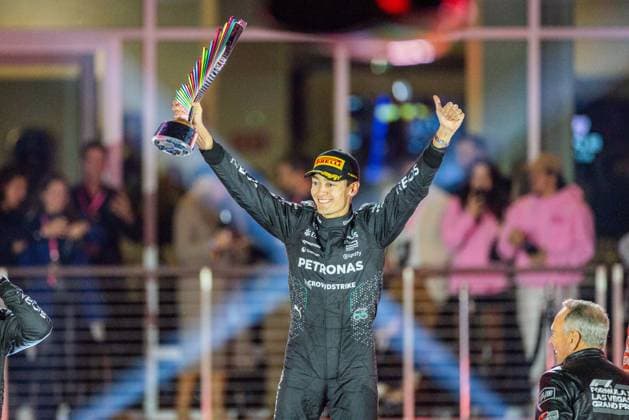 23rd November 2024; Las Vegas, Nevada, USA. F1 Las Vegas Grand Prix; Race Day; George Russell (63) of United Kingdom and team Mercedes-AMG Petronas F1 Team celebrates his victory  ActionPlus12719559 BobxKupbens