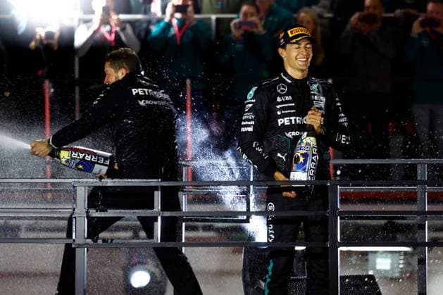 LAS VEGAS, NV - NOVEMBER 23: George Russell (63) of Great Britain, Mercedes-AMG PETRONAS F1, Team Mercedes reflects on his win at the completion of the Formula 1 Heineken Silver Las Vegas Grand Prix on the Las Vegas Strip Circuit on November 23, 2024 in Las Vegas, Nevada. (Photo by Jeff Speer Icon Sportswire) AUTO: NOV 23 F1 Heineken Silver Las Vegas Grand Prix EDITORIAL USE ONLY Icon2411231721