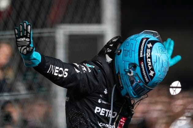 British Formula One driver George Russell of Mercedes-AMG Petronas celebrates winning the Formula One Las Vegas Grand Prix at the Las Vegas Strip Circuit in Las Vegas on Saturday, November 23, 2024.  LAV2024112357 GREGxNASH