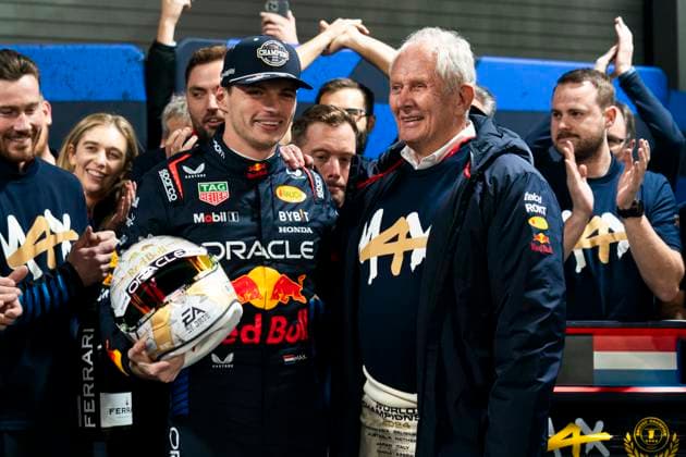 Dutch Formula One driver Max Verstappen of Red Bull Racing receives a helmet from advisor Helmut Marko for winning his fourth drivers World Championship, WM, Weltmeisterschaft following the Formula One Las Vegas Grand Prix at the Las Vegas Strip Circuit in Las Vegas on Sunday, November 24, 2024.  LAV2024112405 GREGxNASH