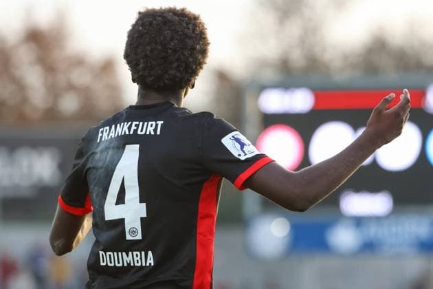 24.11.2024, xusrbx, Fussball Regionalliga Suedwest, Eintracht Frankfurt U21, U 21 - Stuttgarter Kickers emspor, Fousseny Doumbia (Eintracht Frankfurt II, 4), Einzelbild, Freisteller, (DFL DFB REGULATIONS PROHIBIT ANY USE OF PHOTOGRAPHS as IMAGE SEQUENCES and or QUASI-VIDEO) Dreieich