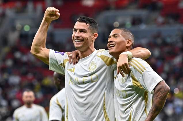 AFC CHAMPIONS LEAGUE ELITE, AL GHARAFA SC (QTR) v AL NASSR FC (KSA) Cristiano Ronaldo of Al Nassr FC celebrates after scoring a goal during the AFC Champions League elite west football match between Qatar s Al Gharafa SC and Saudi Arabia s Al Nassr FC at Al-Bayt Stadium in Al Khor, Qatar, on November 25, 2024 DOHA Qatar Copyright: xNAUSHADx