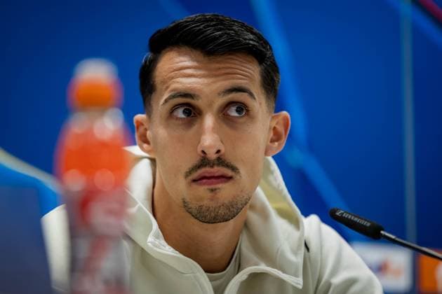 SOCCER - UEFA CL, Sturm vs Girona KLAGENFURT,AUSTRIA,26.NOV.24 - SOCCER - UEFA Champions League, SK Sturm Graz vs Girona FC, preview, press conference, PK, Pressekonferenz Girona. Image shows Bojan Miovski (Girona).  GEPAxpictures xMatthiasxTrinkl