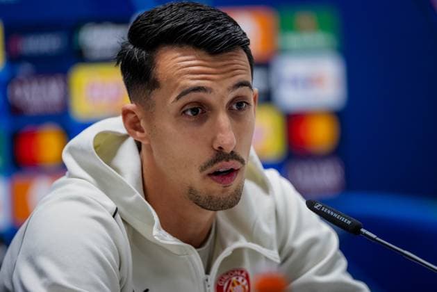 SOCCER - UEFA CL, Sturm vs Girona KLAGENFURT,AUSTRIA,26.NOV.24 - SOCCER - UEFA Champions League, SK Sturm Graz vs Girona FC, preview, press conference, PK, Pressekonferenz Girona. Image shows Bojan Miovski (Girona).  GEPAxpictures xMatthiasxTrinkl