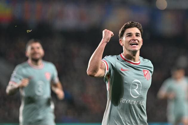 Julian Alvarez of Atletico celebrates a goal during the football Champions League 5th round match Sparta Praha vs Atletico Madrid in Prague, Czech Republic, November 26, 2024. (CTKxPhoto MichaelaxRihova) CTKPhotoP2024112606885  CTKPhotoP2024112606885