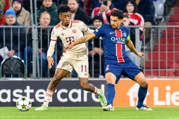 GER, UEFA CL, FC Bayern Muenchen (GER) vs Paris Saint-Germain (FRA) 26.11.2024, Allianz Arena, Muenchen, GER, UEFA CL, FC Bayern Muenchen (GER) vs Paris Saint-Germain (FRA) , UEFA regulations prohibit any use of photographs as image sequences and or quasi-video, im Bild Kingsley Coman (FCB 11) im Zweikampf gegen Marquinhos (PSG 5)