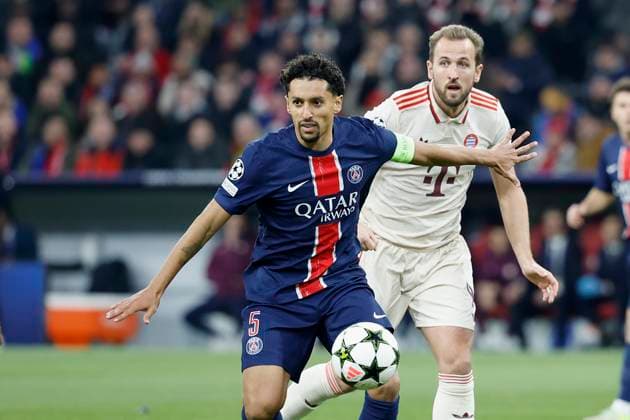 Bild v.l.: Marquinhos (FC Paris Saint-Germain, 5) und Harry Kane (FC Bayern Muenchen, 9), 26.11.2024, Fussball, UEFA Champions League, Bayern Muenchen - Paris St. Germain, GER, Muenchen, Allianz Arena, DFL REGULATIONS PROHIBIT ANY USE OF PHOTOGRAPHS AS IMAGE SEQUENCES AND OR QUASI-VIDEO. Copyright: HMBxMedia xHeikoxBecker