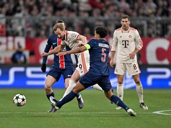 26.11.2024, Fussball UEFA Championsleague 2024 2025: 5.Spieltag, FC Bayern München - Paris St. Germain, in der Allianz-Arena München. v.l. Harry Kane (FC Bayern München) gegen Marquinhos (FC Paris Saint-Germain)
