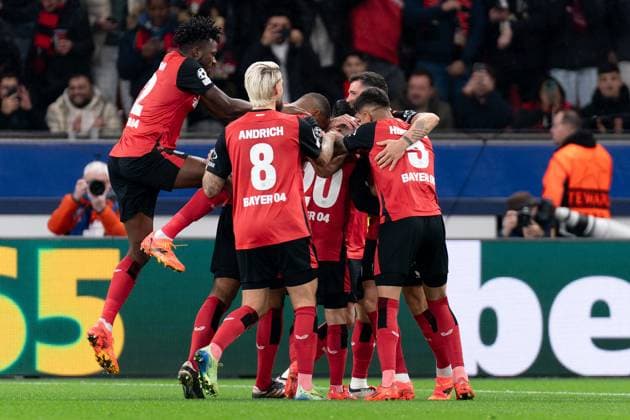 2024-11-26 Bayer 04 Leverkusen v FC Salzburg - UEFA Champions League 2024 25 League Phase MD5 LEVERKUSEN, GERMANY - NOVEMBER 26: Alejandro Grimaldo of Bayer 04 Leverkusen celebrates after scoring the team s second goal with his teammates during the UEFA Champions League 2024 25 League Phase MD5 match between Bayer 04 Leverkusen and FC Salzburg at BayArena on November 26, 2024 in Leverkusen, Germany. (Photo by Joris Verwijst BSR Agency) Leverkusen Germany Content not available for redistribution in The Netherlands directly or indirectly through any third parties. Copyright: xBSRxAgencyx