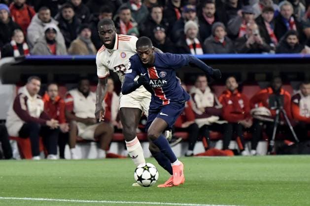 26.11.2024, xemx, Fussball UEFA Champions League, FC Bayern Muenchen - Paris St.Germain emspor, v.l. Dayot Upamecano (FC Bayern Muenchen) Ousame Dembele (PSG Paris St.Germain) Zweikampf, Aktion, action, battle for the ball (DFL DFB REGULATIONS PROHIBIT ANY USE OF PHOTOGRAPHS as IMAGE SEQUENCES and or QUASI-VIDEO) Muenchen