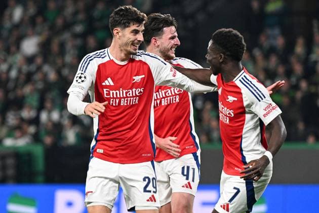Kai Havertz of Arsenal celebrates scoring the goal for their side with their teammates to make it 2-0 Sporting Lisbon v Arsenal, UEFA Champions League, Group Stage, Football, Estadio Jose Alvalade, Lisbon, Portugal - 26 Nov 2024 EDITORIAL USE ONLY No use with unauthorised audio, video, data, fixture lists, club league logos or live services. Online in-match use limited to 120 images, no video emulation. No use in betting, games or single club league player publications. Copyright: xZedxJameson Shutterstockx 14940177as