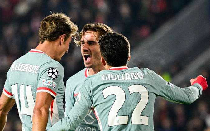 Antoine Griezmann of Atletico, center, celebrates a goal with his teammates during the football Champions League 5th round match Sparta Praha vs Atletico Madrid in Prague, Czech Republic, November 26, 2024. (CTKxPhoto RomanxVondrous) CTKPhotoP2024112608014  CTKPhotoP2024112608014
