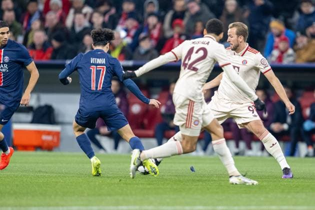 Vitinha 17 (Paris Saint-Germain), Jamal Musiala 42 (FC Bayern Muenchen), Harry Kane 9 (FC Bayern Muenchen), FC Bayern Muenchen vs. Paris Saint-Germain, Fussball, UEFA Champions League, 5. Spieltag, 26.11.2024 DFB regulations prohibit any use of photographs as image sequences and or quasi-video Muenchen Bayern Deutschland