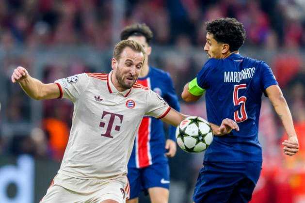 GER, UEFA CL, FC Bayern Muenchen (GER) vs Paris Saint-Germain (FRA) 26.11.2024, Allianz Arena, Muenchen, GER, UEFA CL, FC Bayern Muenchen (GER) vs Paris Saint-Germain (FRA) , UEFA regulations prohibit any use of photographs as image sequences and or quasi-video, im Bild Harry Kane (FCB 9) mit Marquinhos (PSG 5)