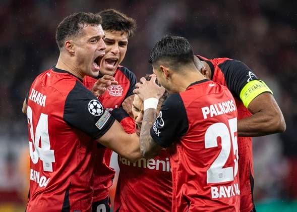 Sport Bilder des Tages Leverkusen, Germany. 26th Nov 2024. . Goal celebration: Granit Xhaka (LEV) Piero Hincapie (LEV) Alejandro Grimaldo (LEV) Exequiel Palacios (LEV) Bayer Leverkusen - FC Salzburg 26.11.2024