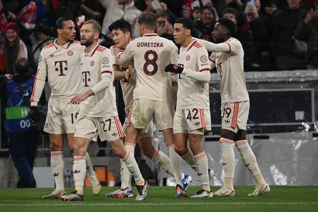 26.11.2024, xjrdrx, Fussball UEFA Champions League, FC Bayern Muenchen - Paris St.Germain emspor, v.l. Torjubel nach dem Tor zum celebrating the goal celebrate 1:0 durch Min-jae Kim (FC Bayern Muenchen) (DFL DFB REGULATIONS PROHIBIT ANY USE OF PHOTOGRAPHS as IMAGE SEQUENCES and or QUASI-VIDEO) Muenchen