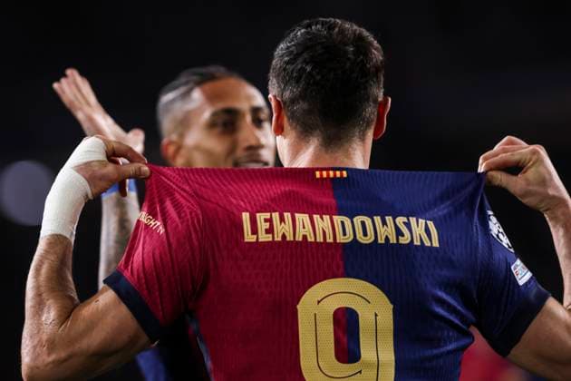November 26, 2024, Barcelona, Barcelona, SPAIN: Robert Lewandowski of FC Barcelona, Barca celebrates a goal during the UEFA Champions League 2024 25 League Phase MD5, match between FC Barcelona and Stade Brestois 29 at Estadi Olimpic Lluis Companys on November 26, 2024 in Barcelona, Spain. Barcelona SPAIN - ZUMAa181 20241126_zaa_a181_020 Copyright: xJavierxBorregox