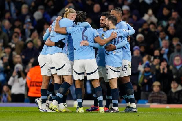 Manchester, England, 26th November 2024. Ä°lkay Gundogan (C) of Manchester City celebrates after scoring to make it 2-0 during the UEFA Champions League match at the Etihad Stadium, Manchester. Picture credit should read: Andrew Yates Sportimage EDITORIAL USE ONLY. No use with unauthorised audio, video, data, fixture lists, club league logos or live services. Online in-match use limited to 120 images, no video emulation. No use in betting, games or single club league player publications. SPI-3484-0035