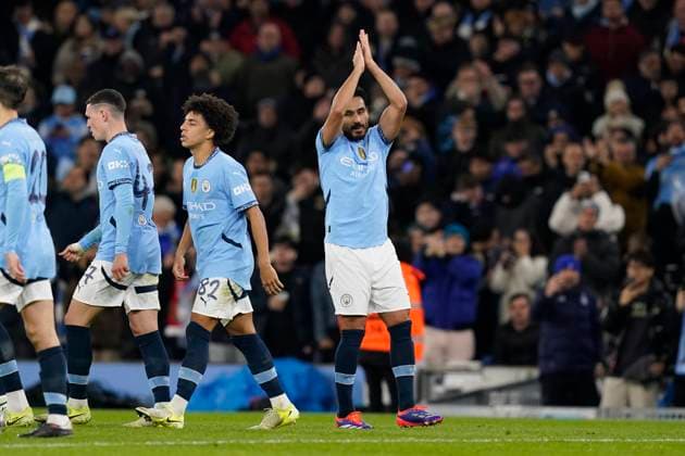 Manchester, England, 26th November 2024. Ä°lkay Gundogan (R) of Manchester City celebrates after scoring to make it 2-0 during the UEFA Champions League match at the Etihad Stadium, Manchester. Picture credit should read: Andrew Yates Sportimage EDITORIAL USE ONLY. No use with unauthorised audio, video, data, fixture lists, club league logos or live services. Online in-match use limited to 120 images, no video emulation. No use in betting, games or single club league player publications. SPI-3484-0036