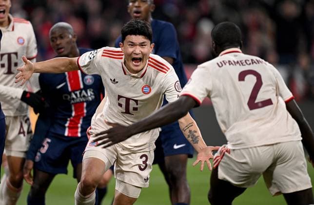 Sport Bilder des Tages FUSSBALL CHAMPIONS LEAGUE SAISON 2024 2025 Vorrunde 5. Spieltag FC Bayern Muenchen - Paris Saint-Germain 26.11.2024 FC Bayern Muenchen Jubel nach dem Tor zum 1-0 durch den Torschuetzen Min-Jae Kim mit Dayot Upamecano