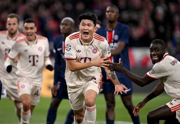 FUSSBALL CHAMPIONS LEAGUE SAISON 2024 2025 Vorrunde 5. Spieltag FC Bayern Muenchen - Paris Saint-Germain 26.11.2024 FC Bayern Muenchen Jubel nach dem Tor zum 1-0 durch den Torschuetzen Min-Jae Kim mit Dayot Upamecano