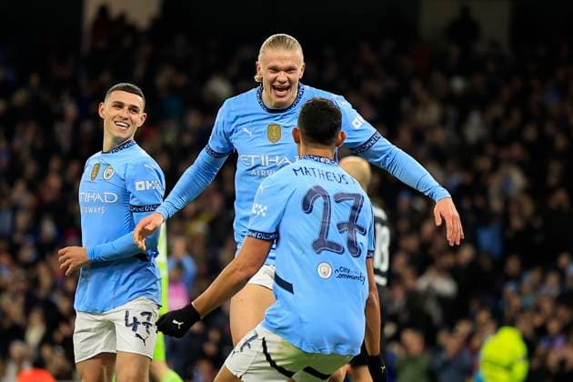 Manchester City v Feyenoord Champions League 26 11 2024. Erling Haaland (9) of Manchester City celebrates scoring to make it 3-0 during the Champions League match between Manchester City and Feyenoord at the Etihad Stadium, Manchester, England on 26 November 2024. Manchester Etihad Stadium Manchester England Editorial use only , Copyright: xConorxMolloyx PSI-20877-0059