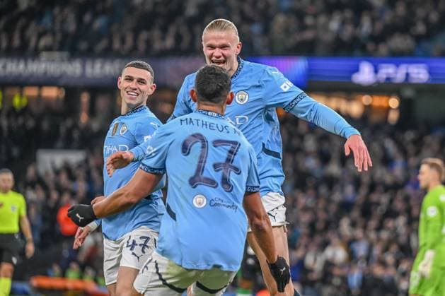 Erling Haaland (Manchester City) celebrates after scoring his team s third goal with teammates during the UEFA Champions League 2024 25 League Phase MD5 match between Manchester City and Feyenoord at Etihad Stadium on November 26, 2024 in Manchester, England. Defodi-541_CITROT20241126_041