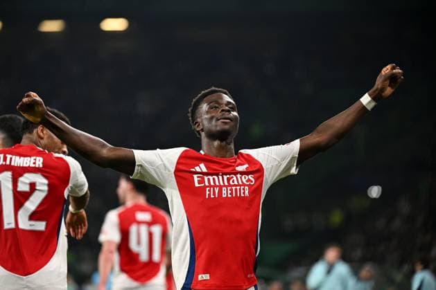 Bukayo Saka of Arsenal celebrates scoring a goal for their side to make it 4-0 Sporting Lisbon v Arsenal, UEFA Champions League, Group Stage, Football, Estadio Jose Alvalade, Lisbon, Portugal - 26 Nov 2024 EDITORIAL USE ONLY No use with unauthorised audio, video, data, fixture lists, club league logos or live services. Online in-match use limited to 120 images, no video emulation. No use in betting, games or single club league player publications.  Copyright: xZedxJameson Shutterstockx 14940177ds