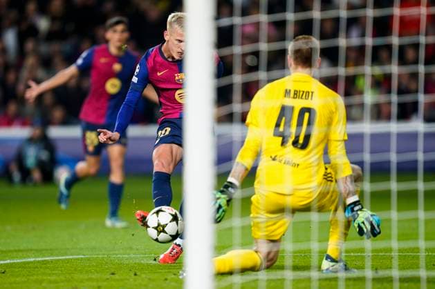 ESP: FC Barcelona, Barca v Stade Brestois. UEFA Champions League. Date 5 Dani Olmo of FC Barcelona scores the 2-0 during the UEFA Champions League match, date 5 between FC Barcelona and Stade Brestois played at Lluis Companys Stadium on November 26, 2024 in Barcelona, Spain. kpng Copyright: xSergioxRuizx xImagox PS_241126_BAR_BRE_038