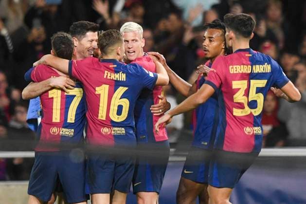 UEFA Champions League soccer match FC Barcelona, Barca vs Stade Brestois at Montjuic Olympic Stadium in Barcelona, Spain 26 November 2024 Lewandowski celebrates a goal 900 Cordon Press  900 CordonxPress LOF - UEFA Champions League FC Barcelona vs Stade Brestois