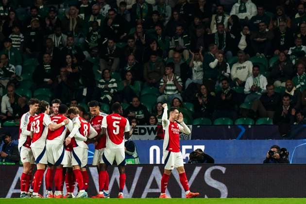 241126 Players of Arsenal celebrates during the Champions League football match between Sporting Lisbon and Arsenal on November 26, 2024 in Lissabon. Photo: Gualter Fatia BILDBYRAN kod XY XY0033 fotboll football soccer fotball uefa champions league champions league sporting lisbon Sporting CP Sporting Lissabon arsenal bbeng jubel Copyright: GualterxFatia BB241126ZX017