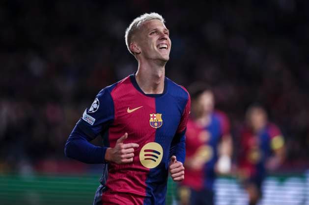 November 26, 2024, Barcelona, Barcelona, SPAIN: Dani Olmo of FC Barcelona, Barca celebrates a goal during the UEFA Champions League 2024 25 League Phase MD5, match between FC Barcelona and Stade Brestois 29 at Estadi Olimpic Lluis Companys on November 26, 2024 in Barcelona, Spain. Barcelona SPAIN - ZUMAa181 20241126_zaa_a181_054 Copyright: xJavierxBorregox