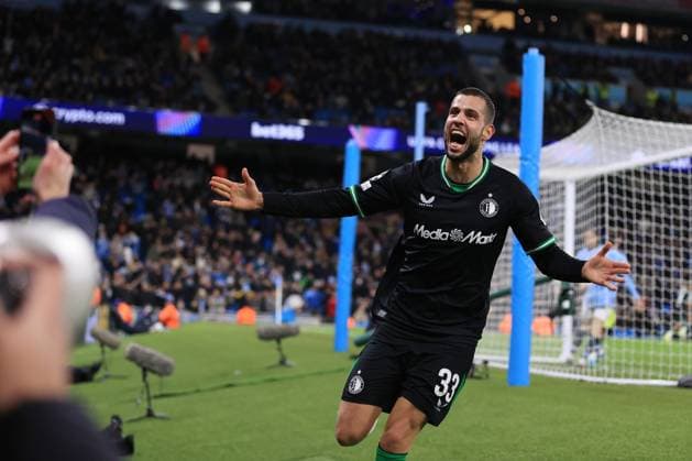 Football - UEFA Champions League - League Phase - Manchester City v Feyenoord 26th November 2024 - UEFA Champions League - League Phase - Manchester City v Feyenoord - David Hancko of Feyenoord celebrates scoring their third goal to bring the score to 3-3 - Photo: Simon Stacpoole Offside. Manchester UK Copyright: xSimonxStacpoolexOffside