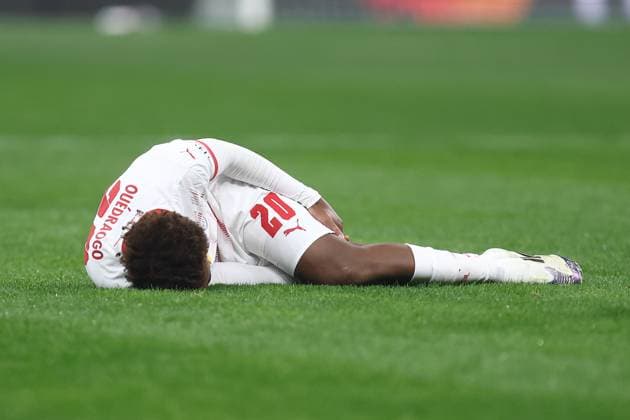 Assan Ouedraogo (RB Leipzig) lies on the ground, UEFA Champions League 2024 25 League Phase MD2, FC Internazionale Milano v RB Leipzig, Stadio Giuseppe Meazza (San Siro), November 26, 2024, Milan, Italy.