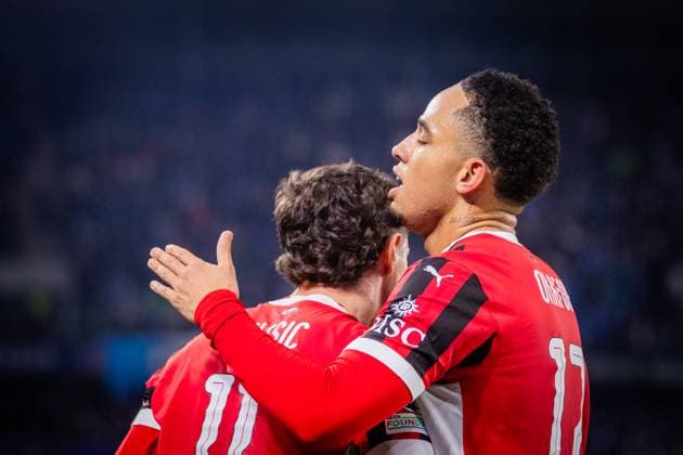 SLOVAN BRATISLAVA - AC MILAN Christian Pulisic celebrates a goal with Noah Okafor of Milan during the UEFA Champions League, league stage match between SK Slovan Bratislava and AC Milan. Bratislava, Slovakia, November 26, 2024. PUBLICATION NOT IN SLOVAKIA Copyright: xx _BRR4268